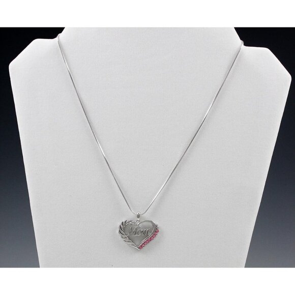 White Gold Plated Mom Heart Pendant Necklace Pink Crystals Mothers Day 18" NEW - Picture 3 of 4